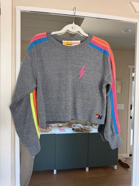 Aviator Nation Bolt Cropped Classic Crewneck in Grey Neon